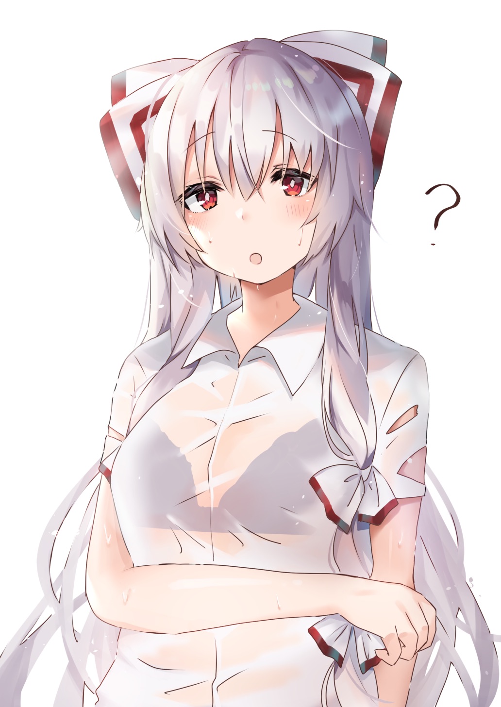 ? blush bra buttons collared_shirt fujiwara_no_mokou highres hiiro60 long_hair red_eyes see-through shirt short_sleeves sidelocks touhou underwear wet wet_clothes wet_shirt white_hair white_shirt