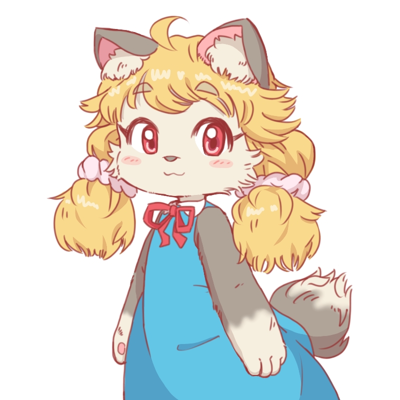 1girl ahoge akuma_gaoru animal_ear_fluff animal_ears animal_nose black_fur blonde_hair blue_dress blush_stickers bow commentary_request cowboy_shot dress eyebrows_visible_through_hair furry futaba_channel hair_ornament hair_scrunchie looking_to_the_side pawpads pink_scrunchie red_bow red_eyes red_ribbon ribbon scrunchie simple_background solo tail twintails two-tone_fur uzumi white_background white_fur