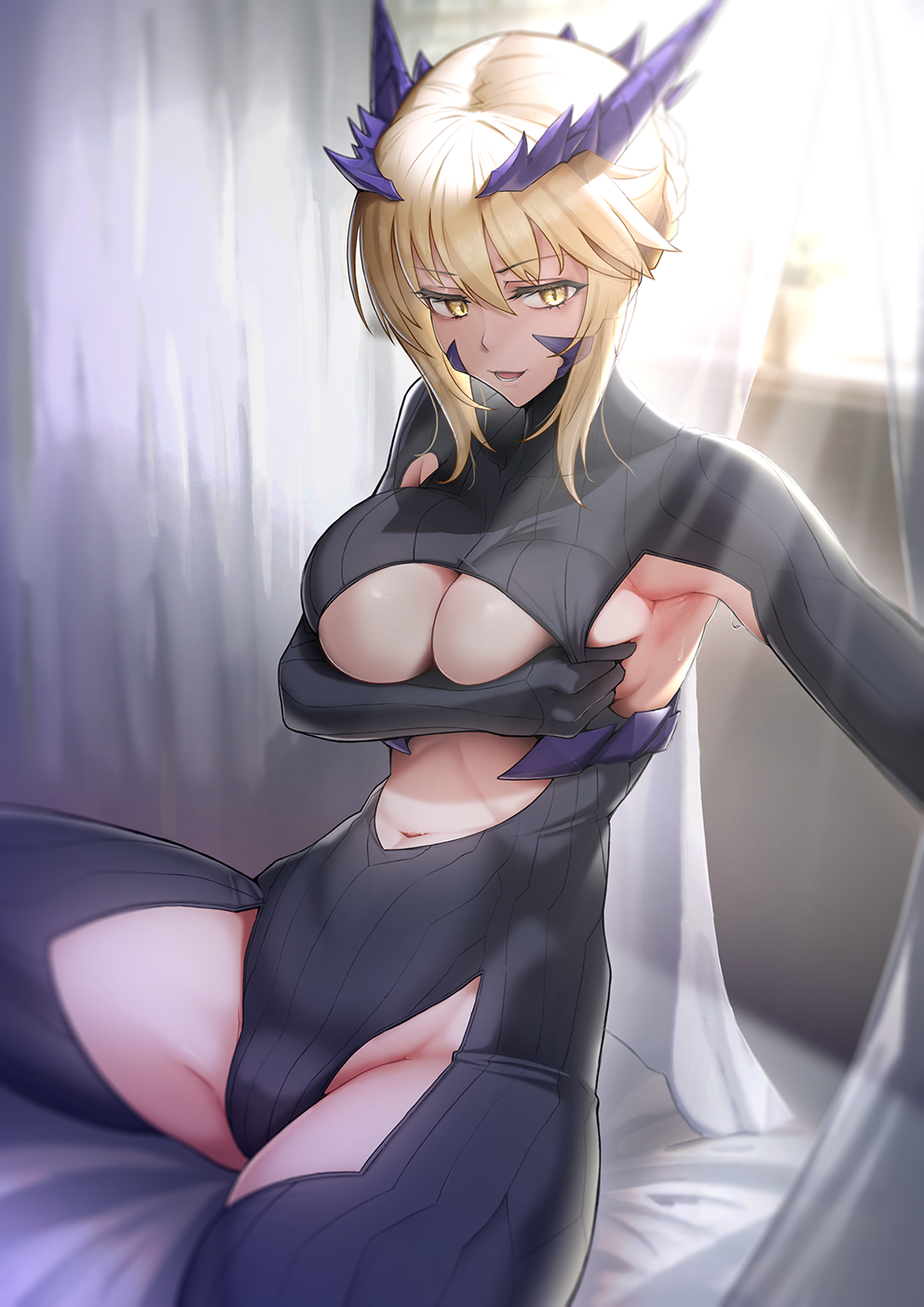 1girl arm_under_breasts armpit_cutout armpits artoria_pendragon_(all) artoria_pendragon_(lancer_alter) backlighting bangs black_bodysuit blonde_hair bodysuit braid breasts center_opening curtains dark_persona fate/grand_order fate_(series) french_braid hair_between_eyes highres horns large_breasts long_hair navel open_mouth revealing_clothes ribbed_bodysuit sidelocks sitting smile solar_(happymonk) thighs under_boob window yellow_eyes