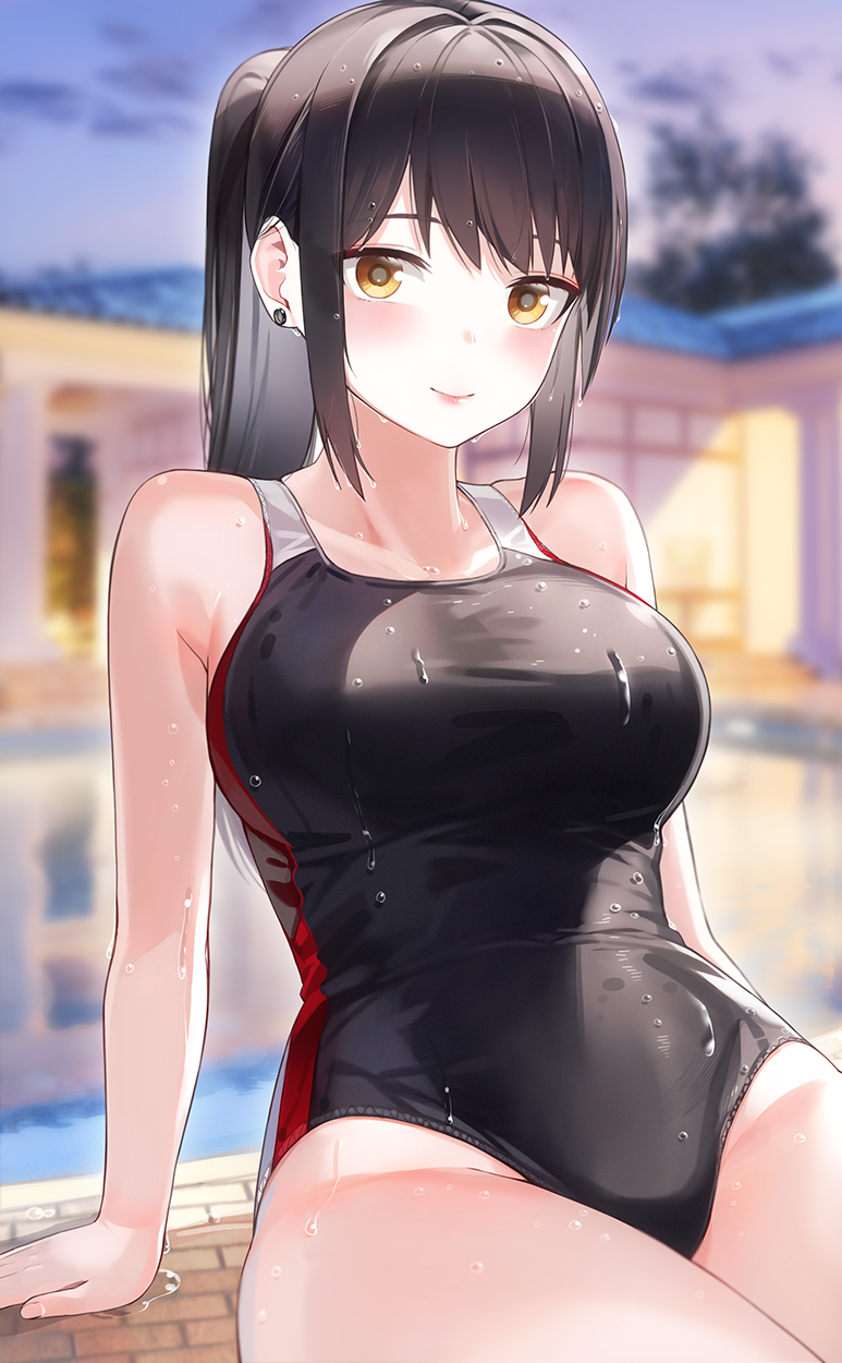 1girl bare_legs black_hair black_swimsuit blurry blurry_background blush breasts closed_mouth commentary_request competition_swimsuit ear_piercing highres house kfr large_breasts lips long_hair looking_at_viewer one-piece_swimsuit orange_eyes original outdoors piercing ponytail pool sitting smile solo swimsuit thighs wet wet_hair
