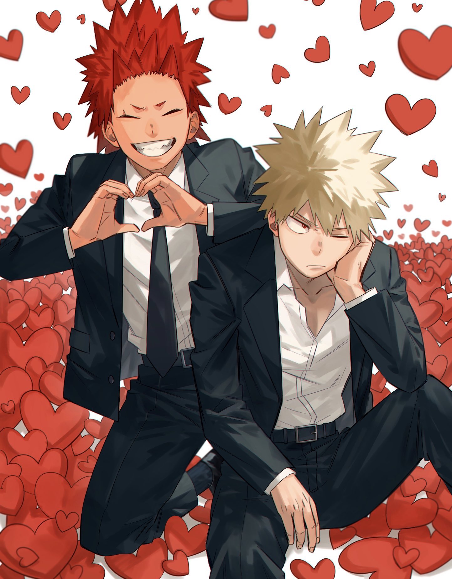 2boys alternate_costume bakugou_katsuki belt black_pants blonde_hair boku_no_hero_academia chest closed_eyes couple formal gradient_hair hand_on_own_face heart heart_background heart_hands highres kirishima_eijirou male_focus multicolored_hair multiple_boys necktie one_eye_closed open_clothes open_shirt oriharaizaya0111 pants redhead sharp_teeth shirt shoes sitting smile spiky_hair squatting suit teeth tuxedo upper_body yaoi