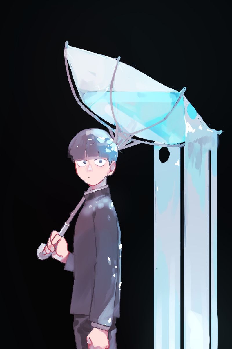 1boy black_background black_eyes black_pants bob_cut highres holding kageyama_shigeo long_sleeves looking_at_viewer mob_psycho_100 o-rui o_o pants solo standing umbrella uniform water waterfall