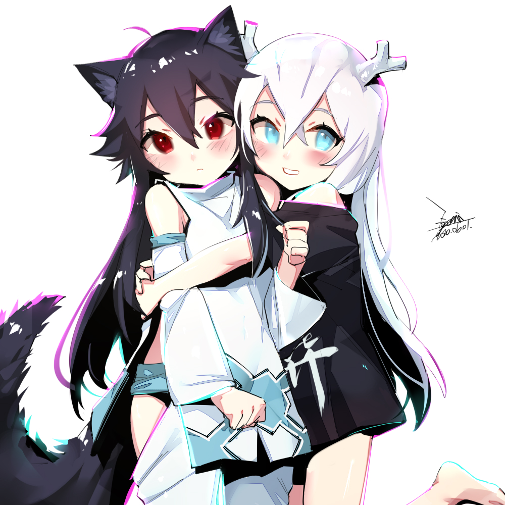 2girls ahoge animal_ears antlers bare_shoulders black_hair black_shirt blush commentary_request cosplay dated ejami ekko_(ejami) fox_ears fox_girl fox_tail grin hair_between_eyes hakuryuu_(inazuma_eleven) hug inazuma_eleven_(series) leg_up long_hair looking_at_viewer multiple_girls original red_eyes shirt signature simple_background smile tail teeth white_background white_hair