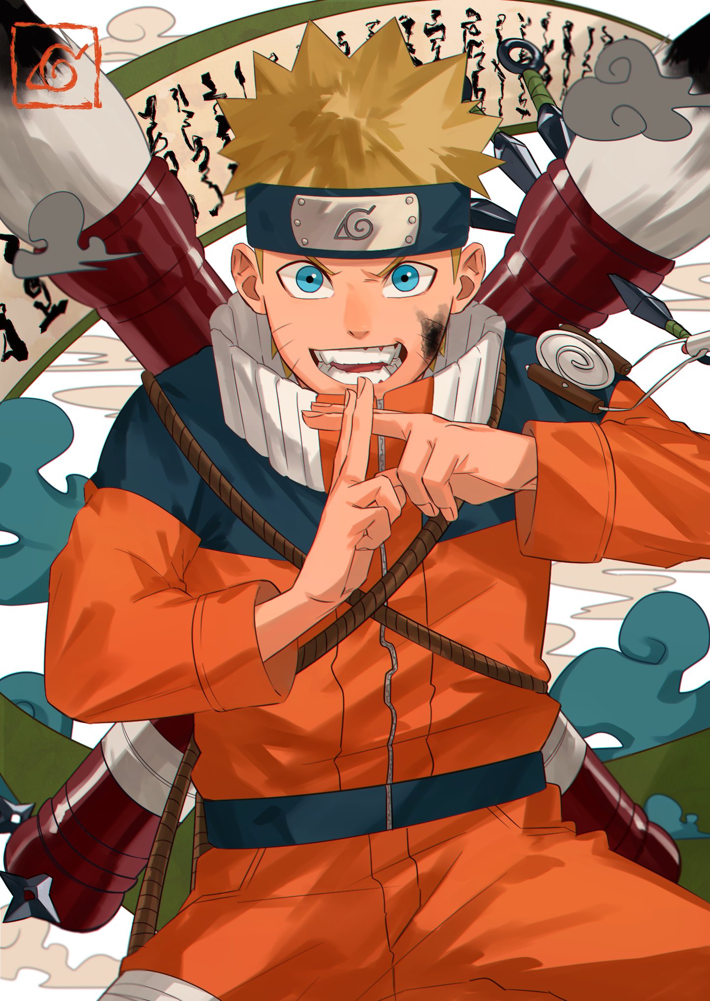 1boy blonde_hair blue_eyes brush clouds collar facial_mark forehead_protector highres kuji-in looking_at_viewer lying male_focus naruto_(series) ninja on_back open_mouth oriharaizaya0111 oversized_object paint paint_on_face rope scroll_background shadow smile solo spiky_hair upper_body uzumaki_naruto whisker_markings younger