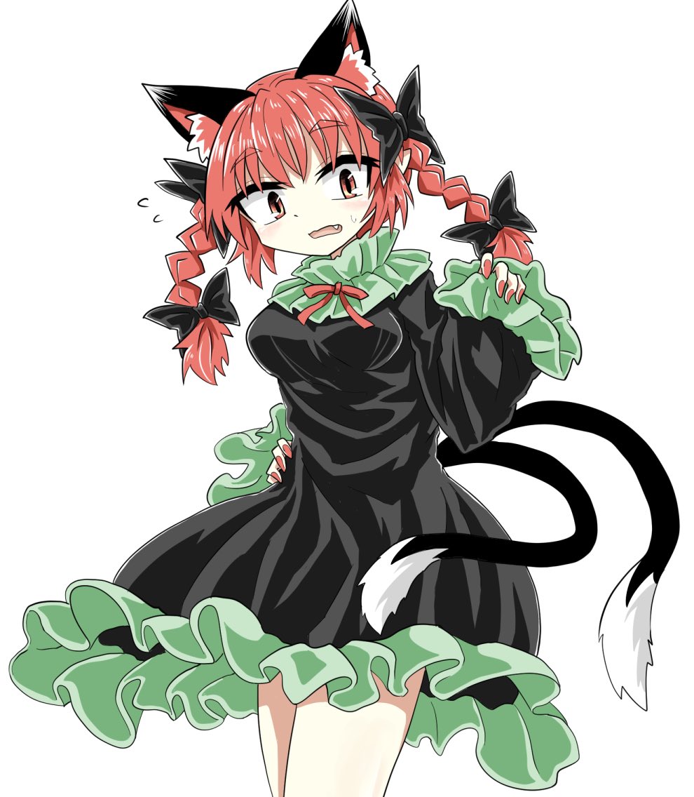 1girl animal_ears bare_legs black_bow black_dress bow braid cat_ears cat_tail chups cowboy_shot dress eyebrows_visible_through_hair fang frilled_dress frilled_sleeves frills green_frills long_sleeves looking_at_viewer multiple_tails red_eyes red_nails red_neckwear redhead ribbon solo sweat tail touhou twin_braids two_tails white_background