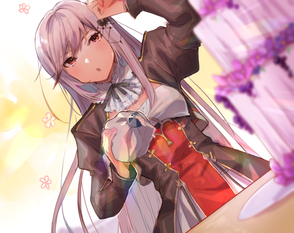 1girl ascot azur_lane baking bangs blurry breasts butterfly_hair_ornament cake cake_decoration commentary_request depth_of_field dunkerque_(azur_lane) food hair_ornament juliet_sleeves long_hair long_sleeves moji_(mojimozis) pastry_bag puffy_sleeves red_eyes sidelocks silver_hair small_breasts solo straight_hair swept_bangs very_long_hair