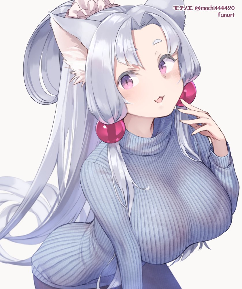 1girl :3 alternate_costume animal_ear_fluff animal_ears blue_sweater breasts fox_ears grey_background grey_hair hair_ornament hair_scrunchie large_breasts long_hair long_sleeves mochi_(mochi444420) open_mouth ponytail ribbed_sweater scrunchie signature simple_background solo sweater touhoku_itako turtleneck turtleneck_sweater twitter_username utau violet_eyes voiceroid
