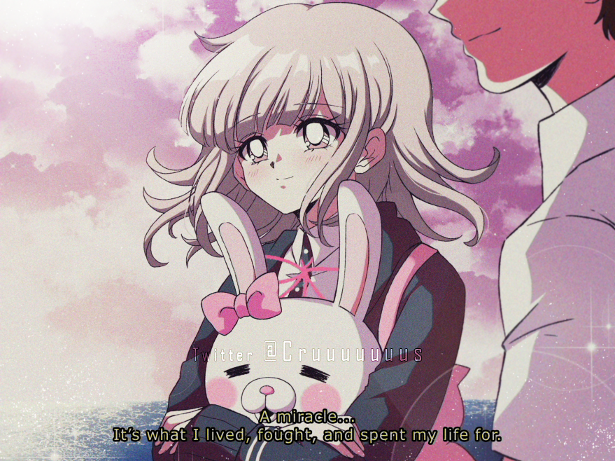 1990s_(style) criis-chan dangan_ronpa flipped_hair hinata_hajime jacket monomi_(dangan_ronpa) nanami_chiaki object_hug pink_hair striped_sleeves super_dangan_ronpa_2 twitter_username