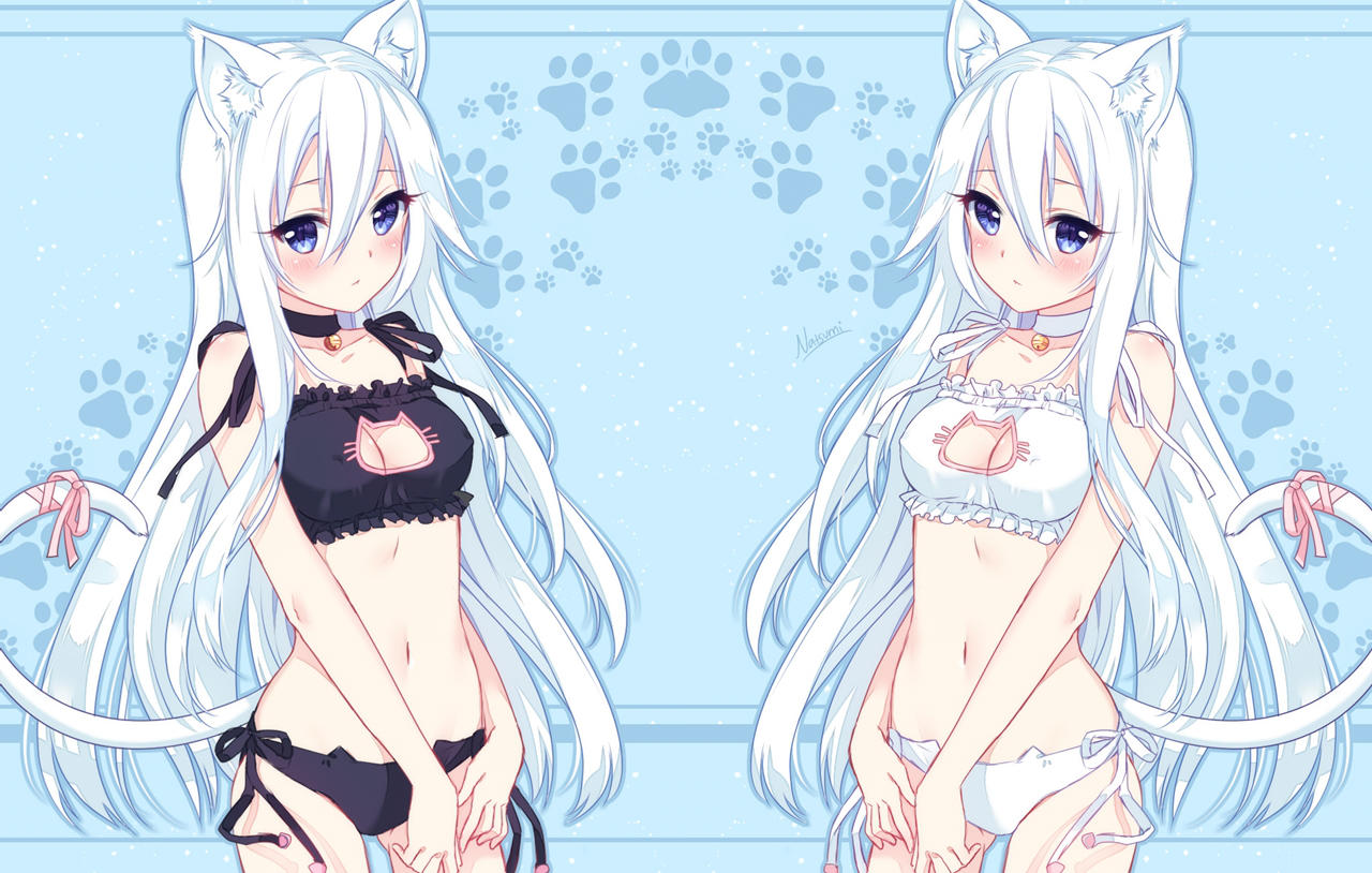 1girl animal_ears animal_print bell black_bra black_panties bra cat_bra cat_ears cat_lingerie cat_panties cat_print cat_tail dual_persona jingle_bell long_hair meme_attire natsumii_chan navel original panties print_panties straight_hair tail underwear very_long_hair white_bra white_hair white_panties