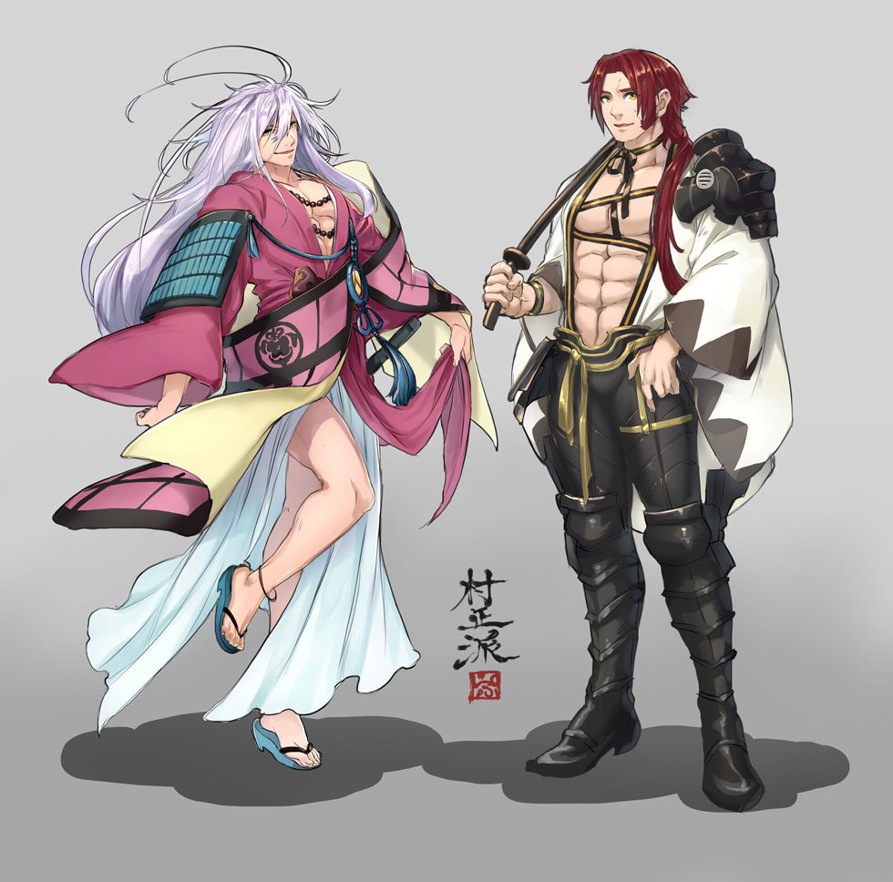 2boys abs antenna_hair armor beads cosplay godoo haori japanese_armor japanese_clothes katana lavender_hair male_focus multiple_boys nagasone_kotetsu nagasone_kotetsu_(cosplay) open_clothes open_mouth pectorals ponytail redhead sandals sengo_muramasa_(touken_ranbu) sheath sheathed shoulder_armor smile sode souza_samonji souza_samonji_(cosplay) standing standing_on_one_leg sword tonbokiri_(touken_ranbu) touken_ranbu weapon yellow_eyes