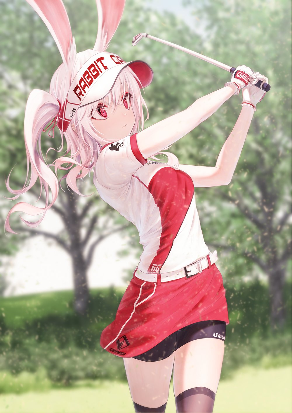 1girl animal_ears bae.c bunny_girl closed_mouth copyright_request english_text feet_out_of_frame gloves golf_club grass hat highres holding kneehighs looking_away outdoors rabbit_ears red_eyes shirt short_sleeves shorts skirt solo symbol_commentary tree twintails visor_cap white_hair