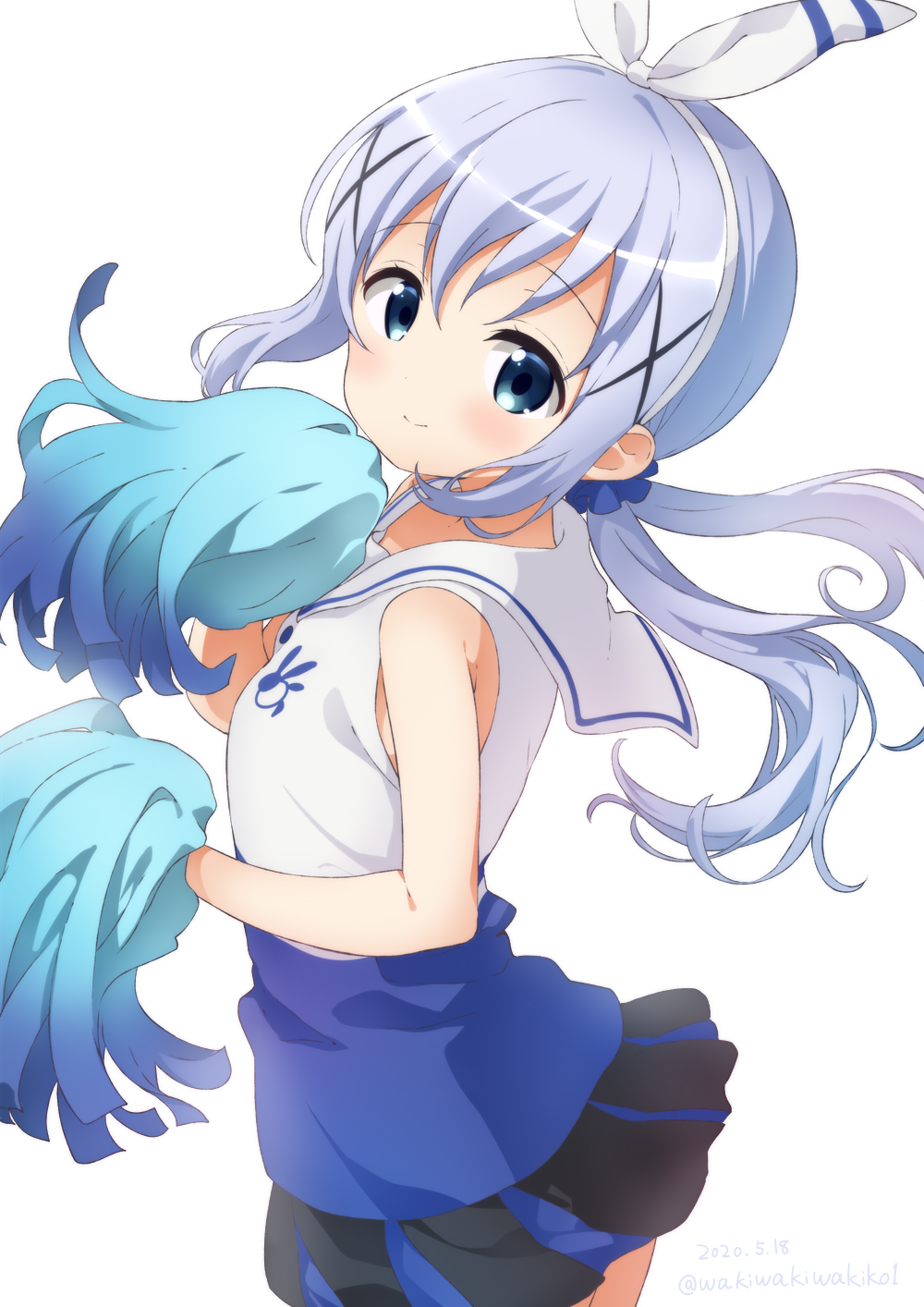 1girl alternate_costume alternate_hairstyle bangs bare_shoulders blue_eyes blue_scrunchie cheerleader commentary gochuumon_wa_usagi_desu_ka? hair_ornament hair_scrunchie hairband highres kafuu_chino light_blue_hair long_hair looking_at_viewer low_twintails neki_(wakiko) pleated_skirt pom_poms sailor_collar scrunchie shirt simple_background skirt sleeveless sleeveless_shirt smile solo twintails white_background white_hairband white_shirt