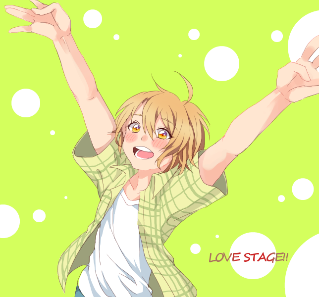 1boy :d beniya_(reito43) blonde_hair blush copyright_name green_background green_shirt hair_between_eyes love_stage!! male_focus open_mouth orange_eyes plaid plaid_shirt sena_izumi shirt smile solo upper_body white_shirt