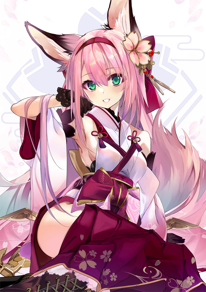 1girl animal_ears arm_up armpits azur_lane bare_shoulders black_gloves boots breasts cherry_blossoms detached_sleeves floral_print flower flower_knot fox_ears fox_girl fox_tail gloves green_eyes grin hair_flower hair_ornament hakama hanazuki_(azur_lane) hip_vent japanese_clothes kimono long_hair looking_at_viewer pink_hair revision shirokitsune sitting small_breasts smile solo tail white_kimono