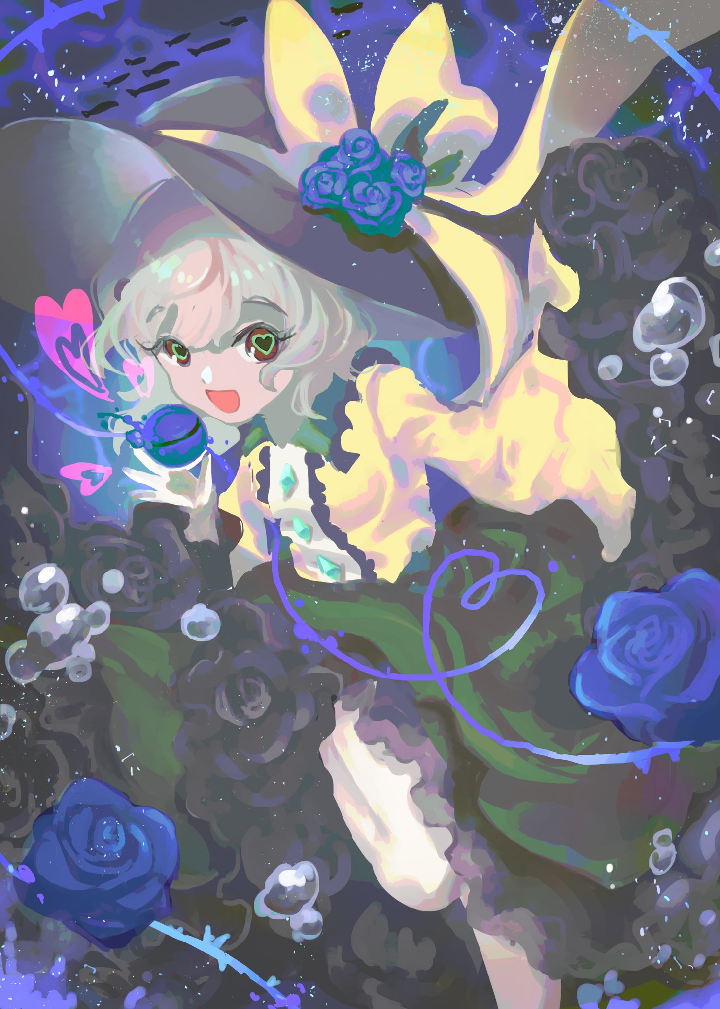 1girl black_footwear black_headwear blouse blue_flower blue_rose bubble buttons collared_blouse commentary diamond_button eyeball fish flower frilled_shirt_collar frills green_eyes green_skirt hat heart heart-shaped_pupils heart_of_string highres komeiji_koishi kotonoman long_skirt long_sleeves one-hour_drawing_challenge open_mouth ribbon rose shoes silver_hair skirt smile solo symbol-shaped_pupils third_eye thorns touhou wavy_hair wide_sleeves yellow_blouse yellow_ribbon