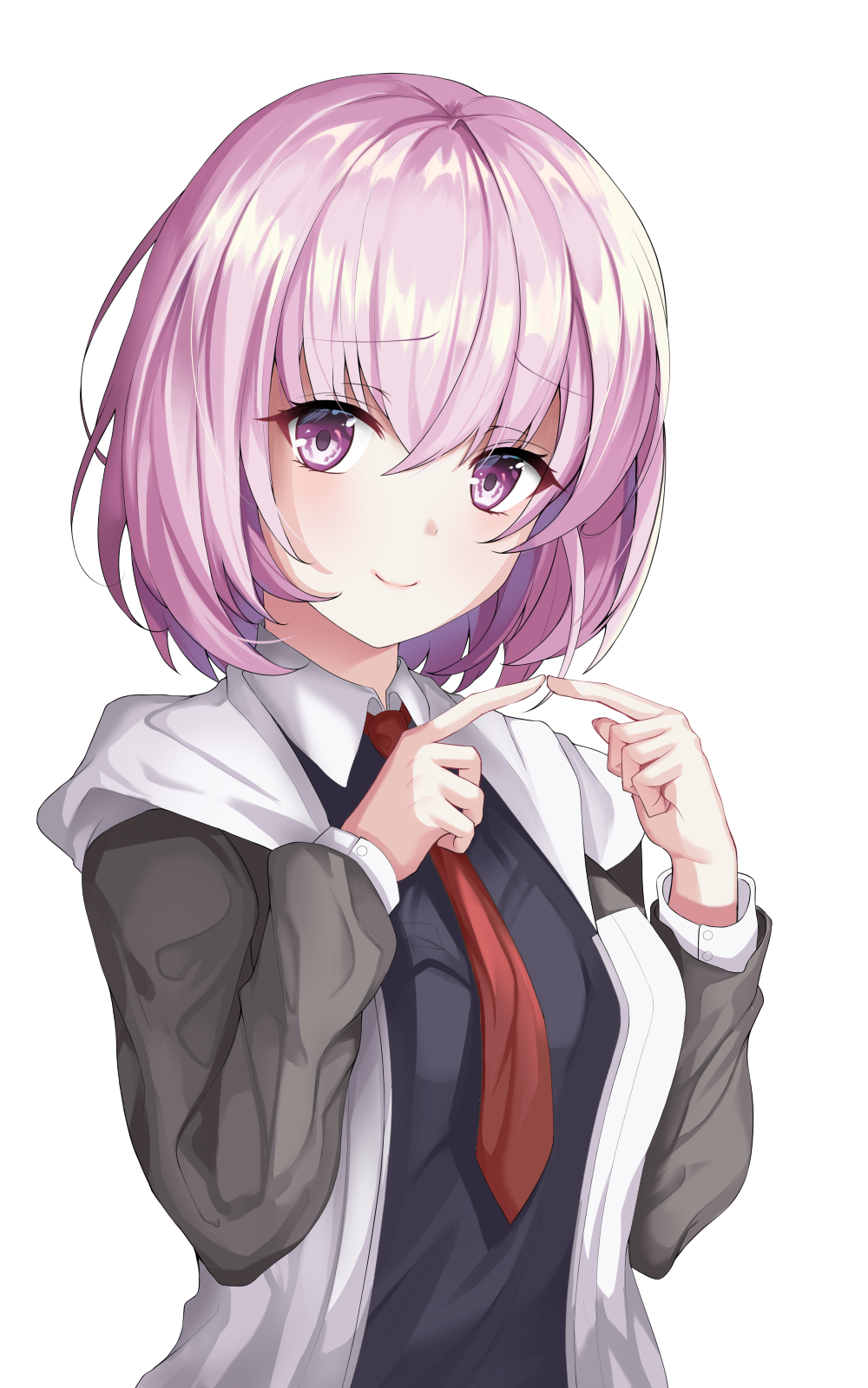 1girl bangs blush chinchilla_(ynfy4577) closed_mouth eyebrows_visible_through_hair fate/grand_order fate_(series) fidgeting grey_sleeves highres hood hood_down hooded_jacket jacket long_sleeves looking_at_viewer mash_kyrielight necktie open_clothes open_jacket purple_hair red_neckwear short_hair simple_background smile solo track_jacket upper_body violet_eyes white_background white_jacket