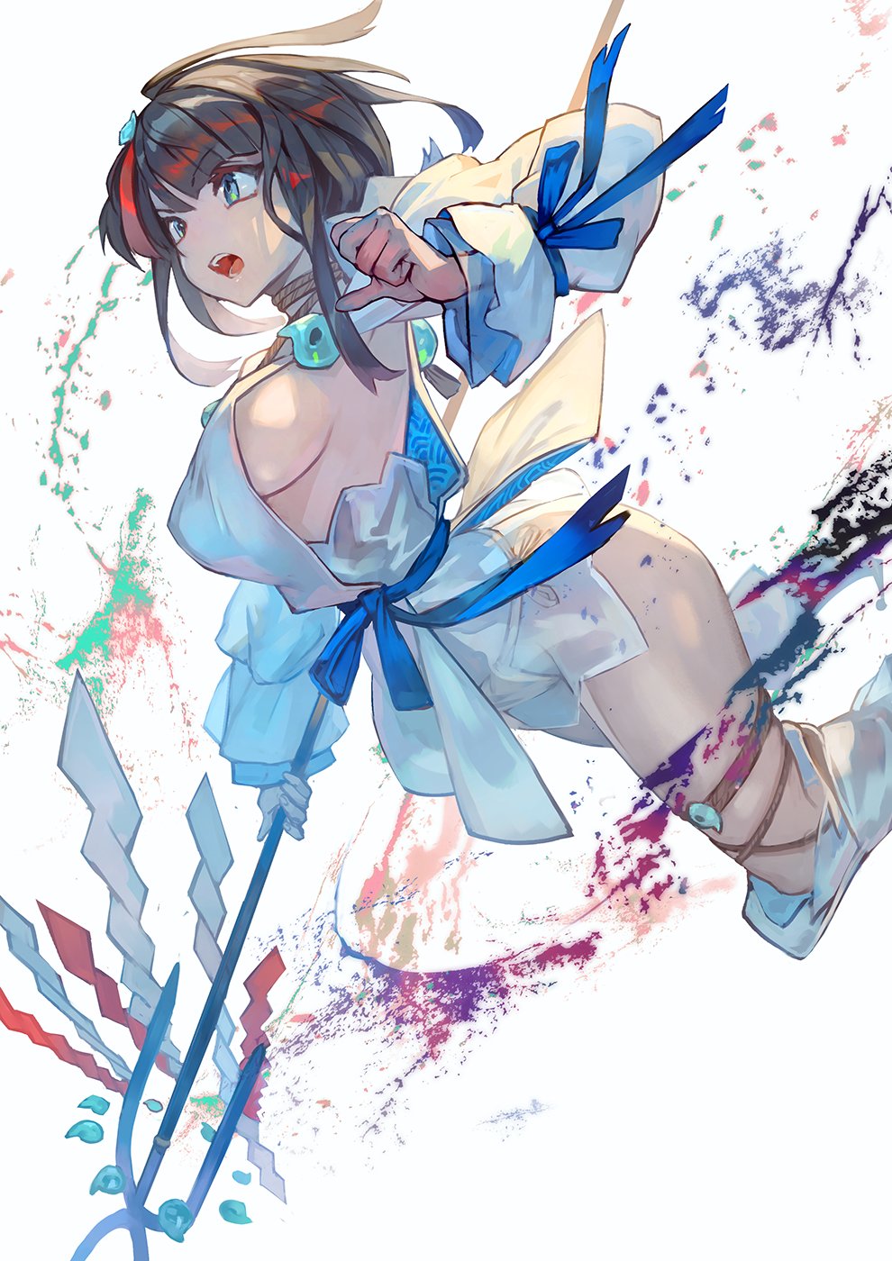 1girl bangs bare_shoulders black_hair blue_eyes blue_ribbon breasts dress fate/grand_order fate/requiem fate_(series) fundoshi highres japanese_clothes jewelry lack large_breasts long_sleeves magatama magatama_hair_ornament medium_hair multicolored_hair necklace open_mouth pelvic_curtain pink_hair polearm puffy_long_sleeves puffy_sleeves ribbon short_dress sideboob sideless_outfit simple_background spear streaked_hair thighs utsumi_erise weapon white_background white_dress white_legwear