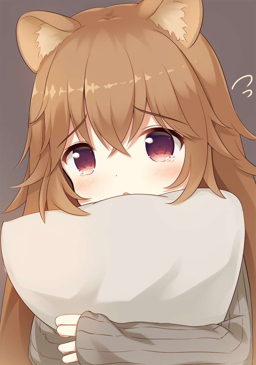 1girl animal_ear_fluff animal_ears brown_eyes brown_hair brown_shirt commentary_request flying_sweatdrops grey_background highres long_hair object_hug pillow pillow_hug psyche3313 raccoon_ears raphtalia shirt simple_background solo tate_no_yuusha_no_nariagari tears upper_body