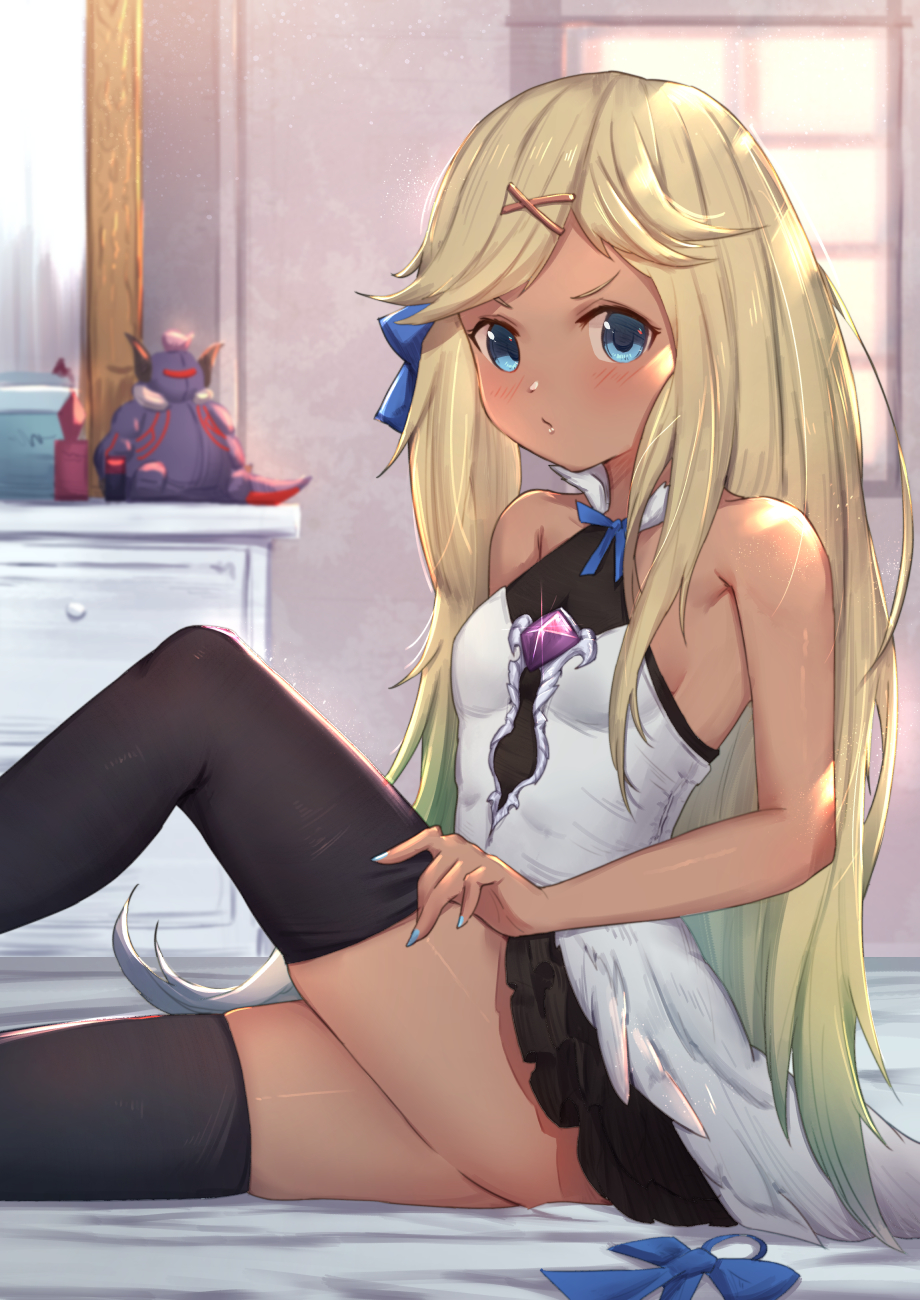 1girl alternate_hairstyle bangs bare_arms bare_shoulders black_legwear blonde_hair blue_bow blue_eyes blue_nails blush bow breasts closed_mouth commentary_request dark_skin dress eyebrows_behind_hair glint gradient_hair granblue_fantasy green_hair hair_bow hair_down hair_ornament hairclip highres io_euclase knee_up long_hair looking_at_viewer mirror multicolored_hair nail_polish revision sitting sleeveless sleeveless_dress small_breasts solo thigh-highs uneg v-shaped_eyebrows very_long_hair white_dress window x_hair_ornament