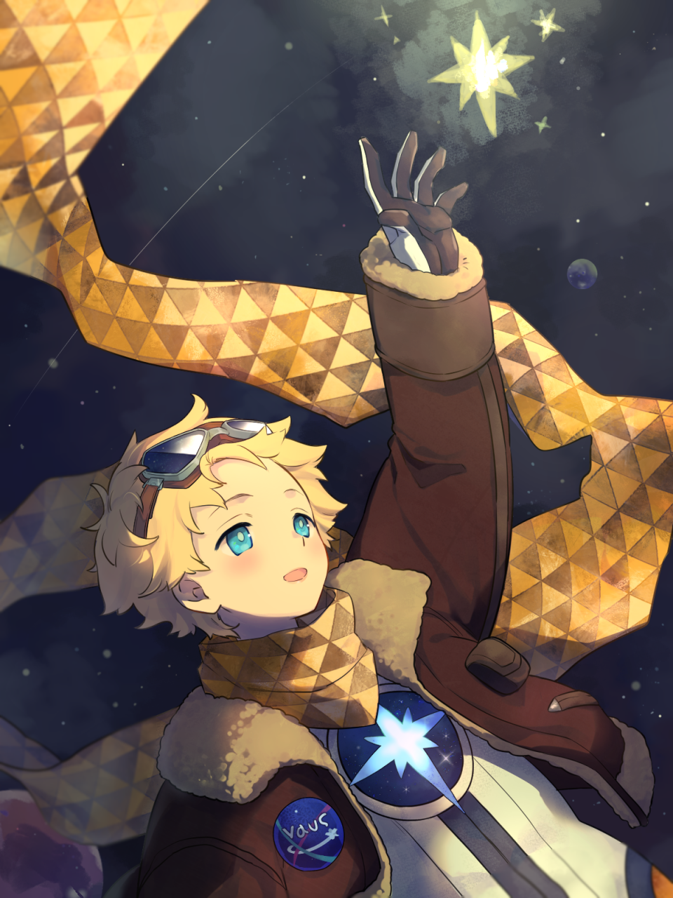 1boy arm_up bey_(bey01st) blonde_hair blue_eyes bomber_jacket brown_gloves earth fate/grand_order fate/requiem fate_(series) gloves goggles goggles_on_head highres jacket male_focus open_mouth reaching scarf smile space spacesuit star_(sky) voyager_(fate/requiem) yellow_scarf