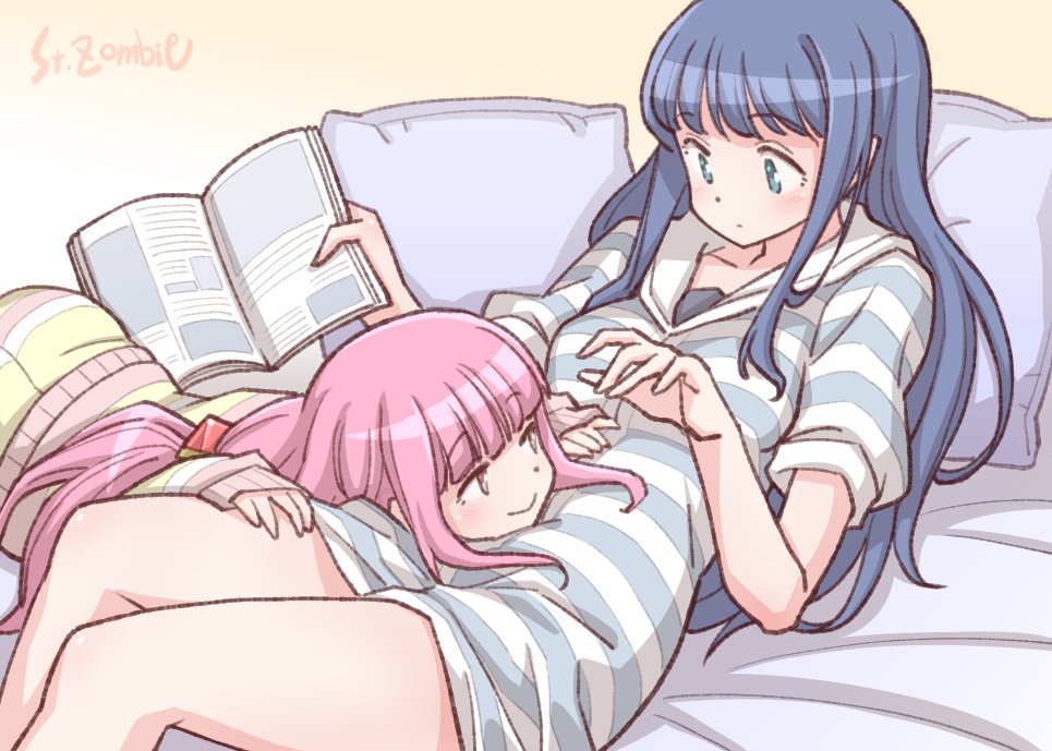 2girls artist_name bangs bed blue_eyes blue_hair blunt_bangs blush book commentary_request eye_contact eyebrows_visible_through_hair holding holding_book long_hair looking_at_another lying lying_on_person magia_record:_mahou_shoujo_madoka_magica_gaiden mahou_shoujo_madoka_magica multiple_girls nanami_yachiyo on_back on_bed on_stomach pajamas pillow pink_eyes pink_hair simple_background smile striped striped_pajamas studiozombie tamaki_iroha thighs very_long_hair watermark yuri