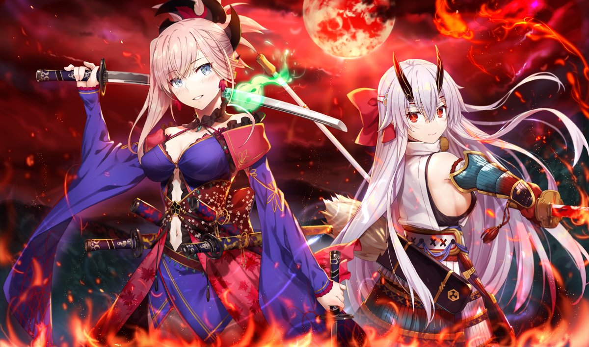 2girls armor blue_eyes breasts center_opening eyebrows_visible_through_hair fate/grand_order fate_(series) fire gabiran hair_ornament headband japanese_armor katana long_hair looking_back miyamoto_musashi_(fate/grand_order) moon multiple_girls pink_hair polearm quiver red_eyes scabbard sheath sheathed sideboob sword tomoe_gozen_(fate/grand_order) updo weapon white_hair wide_sleeves