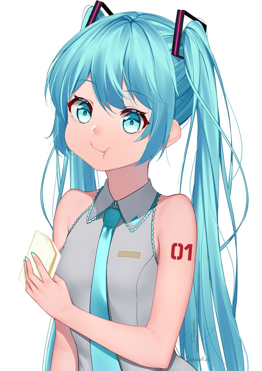 1girl aqua_eyes aqua_hair aqua_nails aqua_neckwear bangs bare_arms bare_shoulders breasts closed_mouth collared_shirt commentary_request dahadekan dress_shirt eating eyebrows_visible_through_hair food grey_shirt hair_between_eyes hair_ornament hatsune_miku highres long_hair looking_at_viewer nail_polish necktie ponytail sandwich shirt simple_background sleeveless sleeveless_shirt small_breasts solo twintails upper_body very_long_hair vocaloid white_background wide-eyed