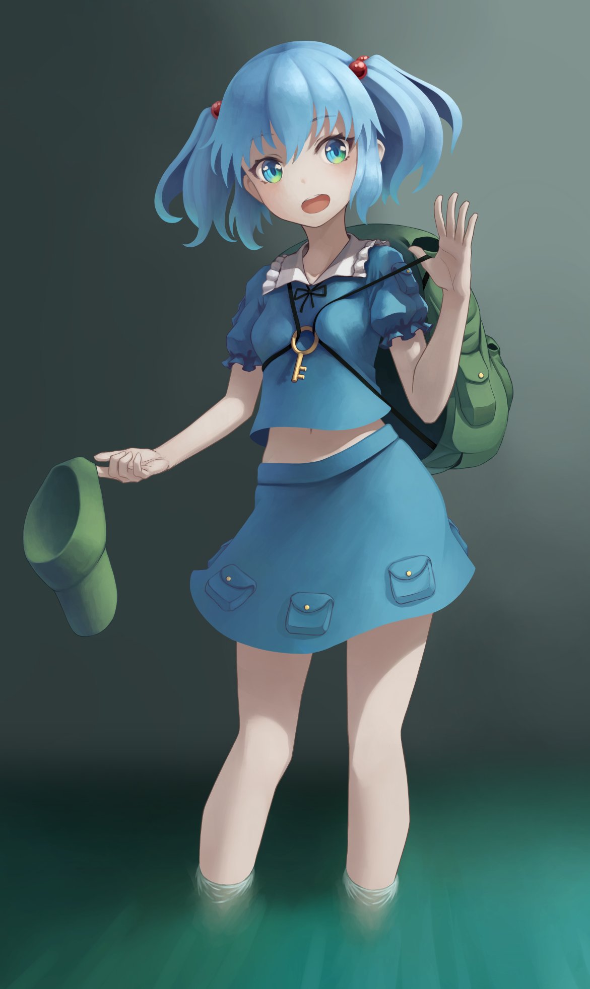 1girl :d anidante backpack bag barefoot blue_eyes blue_hair blue_shirt blue_skirt blue_sky breasts green_background green_eyes green_headwear hair_bobbles hair_ornament hat hat_removed headwear_removed highres holding holding_hat kawashiro_nitori key looking_at_viewer multicolored multicolored_eyes navel open_mouth parted_lips puffy_short_sleeves puffy_sleeves pulling shirt short_hair short_sleeves simple_background skirt sky small_breasts smile solo touhou two_side_up underwear wading water waving yellow_eyes