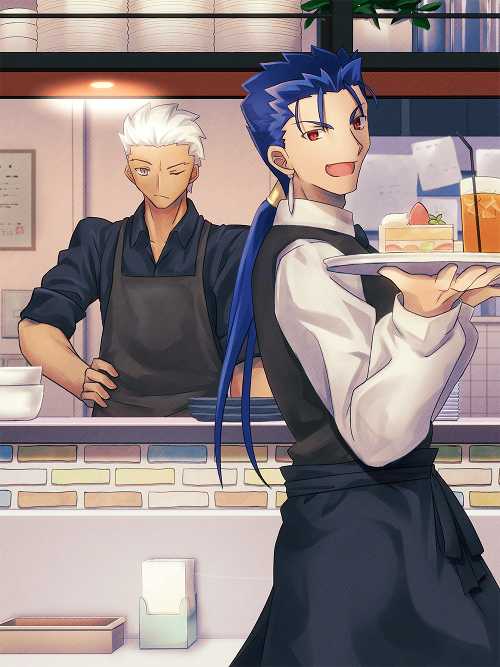 2boys :d apron archer black_apron black_shirt blue_hair cake closed_mouth collared_shirt cu_chulainn_(fate)_(all) drinking_straw emiya-san_chi_no_kyou_no_gohan fate_(series) food frown glass hair_tubes hand_on_hip highres holding holding_plate indoors lancer long_hair long_sleeves low_ponytail male_focus migiha multiple_boys one_eye_closed open_mouth plate red_eyes shiny shiny_hair shirt silver_hair sleeves_rolled_up smile spiky_hair white_shirt wing_collar