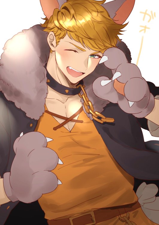 1boy animal_ears bangs bara belt blonde_hair blush chain chest collar fur_gloves fur_trim granblue_fantasy green_eyes higashigunkan light long_sleeves male_focus muscle one_eye_closed shiny shiny_hair shirt solo spiked_collar spikes toned toned_male upper_body v-neck vane_(granblue_fantasy) white_background