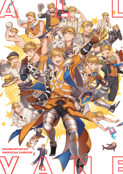 1boy :o alternate_costume alternate_hairstyle armor ball bangs bara blonde_hair blush bouquet bow bowtie bread character_name chest cleavage_cutout closed_eyes collage cover cover_page english_text fanbook flower food full_body fur_gloves gloves granblue_fantasy green_eyes headwear higashigunkan hood hood_up hoodie leg_armor long_sleeves looking_at_viewer looking_to_the_side looking_up lying male_focus muscle on_stomach one_eye_closed open_clothes open_mouth paint paint_on_face paint_splatter pants revealing_clothes sandwich sash shiny shiny_hair shirt shirtless short_sleeves shouting sleeveless sleeves_rolled_up smile smirk solo star_(symbol) teeth toned toned_male towel vambraces vane_(granblue_fantasy) white_shirt