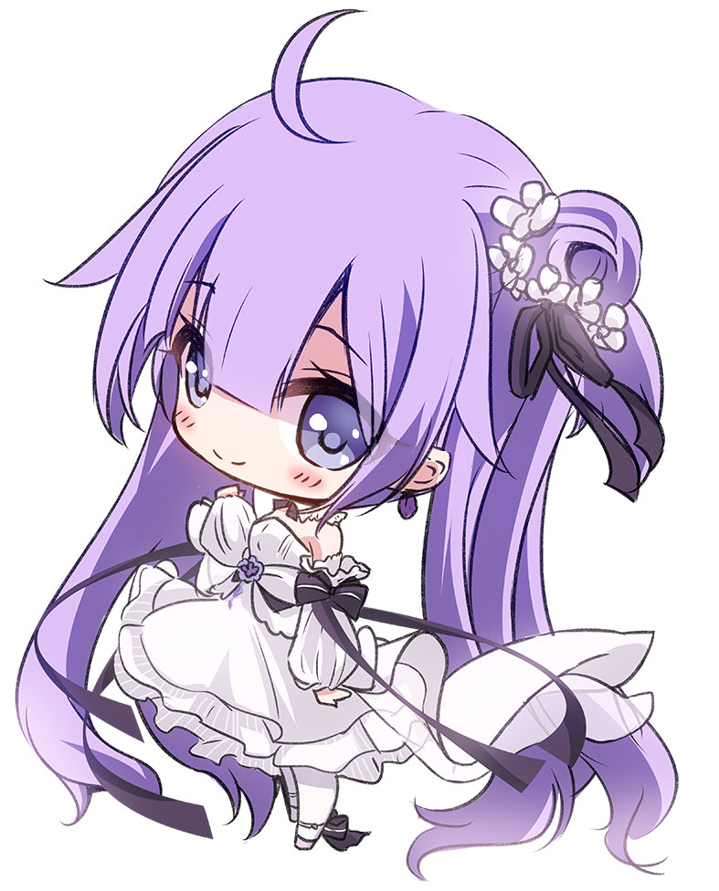 1girl ahoge azur_lane bangs bare_shoulders black_bow black_ribbon blue_eyes blush bow chibi closed_mouth detached_sleeves dress eyebrows_visible_through_hair flower full_body hair_between_eyes hair_bun hair_flower hair_ornament hair_ribbon long_hair long_sleeves looking_at_viewer pantyhose puffy_long_sleeves puffy_sleeves purple_hair ribbon side_bun simple_background sleeves_past_wrists smile solo standing strapless strapless_dress sukireto twintails unicorn_(azur_lane) very_long_hair white_background white_dress white_flower white_legwear white_sleeves