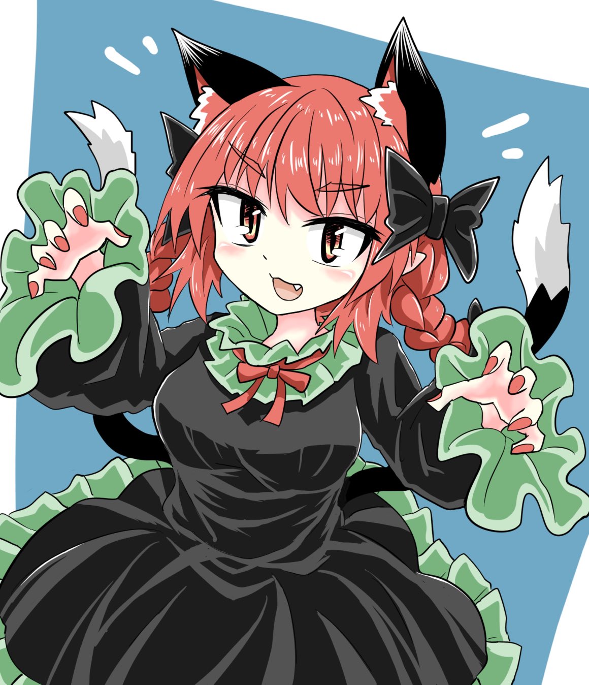 1girl :3 animal_ears black_bow black_dress blue_background bow braid cat_ears cat_tail chups cowboy_shot dress eyebrows_visible_through_hair face frilled_dress frilled_sleeves frills green_frills highres long_sleeves looking_at_viewer multiple_tails red_eyes red_nails red_neckwear redhead ribbon solo tail touhou twin_braids two_tails white_background