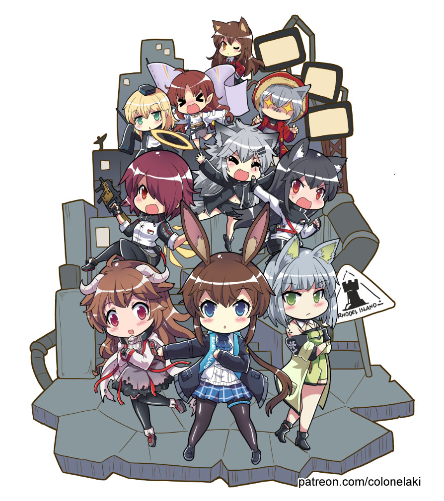 &gt;_&lt; +_+ 6+girls amiya_(arknights) animal_ears arknights bangs black_hair blonde_hair blue_eyes blush brown_hair chibi colonel_aki commentary_request dress durin_(arknights) exusiai_(arknights) eyebrows_visible_through_hair eyjafjalla_(arknights) green_dress green_eyes hair_between_eyes hair_ornament hairclip halo jacket kal'tsit_(arknights) lappland_(arknights) long_hair looking_at_viewer lynx_ears multiple_girls myrtle_(arknights) one_eye_closed open_clothes open_jacket open_mouth pantyhose patreon_username plaid plaid_skirt projekt_red_(arknights) rabbit_ears red_eyes redhead shirt short_hair sidelocks silver_hair simple_background skirt skyfire_(arknights) texas_(arknights) thigh_strap v-shaped_eyebrows white_background white_shirt wolf_ears