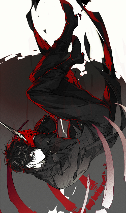 1boy amamiya_ren black_coat black_footwear black_hair black_pants boots closed_mouth coat gloves grey_background hair_between_eyes holding i_(pixiv35705276) long_sleeves male_focus open_clothes open_coat pants persona persona_5 red_eyes red_gloves shiny shiny_hair solo white_background