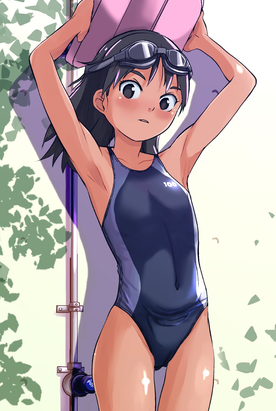 1girl armpits arms_up black_hair black_swimsuit blue_eyes commentary_request competition_swimsuit covered_navel cowboy_shot goggles goggles_on_head googles highleg highres kickboard leaf long_hair looking_at_viewer one-piece_swimsuit original sasaki_bullet solo swimsuit