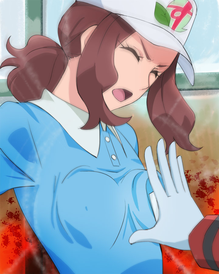 1boy 1girl blue_gloves blue_shirt breasts brown_hair closed_eyes daruizen gloves hanadera_yasuko haruyama_kazunori hat healin'_good_precure medium_breasts open_mouth ponytail precure shirt short_hair upper_body white_headwear