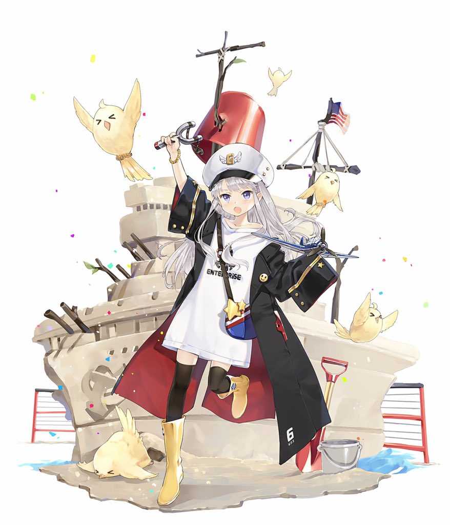 1girl azur_lane battleship bird black_coat black_neckwear boat boots chick coat enterprise_(azur_lane) hao_(patinnko) hat long_hair manjuu_(azur_lane) military military_hat military_vehicle open_clothes open_coat peaked_cap sand_sculpture ship shirt silver_hair slingshot solo t-shirt violet_eyes warship watercraft weapon white_headwear younger