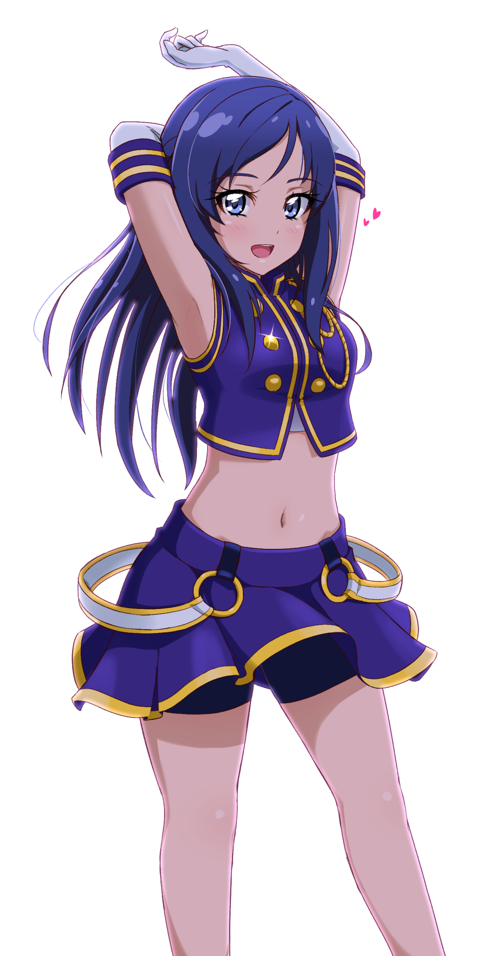 1girl :d acchi_(koiyimknp) armpits arms_up bangs bike_shorts black_shorts blue_eyes blue_hair blush comic_lo crop_top dokidoki!_precure elbow_gloves gloves highres hishikawa_rikka long_hair looking_at_viewer midriff miniskirt navel open_mouth parted_bangs pleated_skirt precure shiny shiny_hair shiny_skin short_shorts shorts shorts_under_skirt simple_background skirt smile solo sparkle standing stomach straight_hair white_background white_gloves