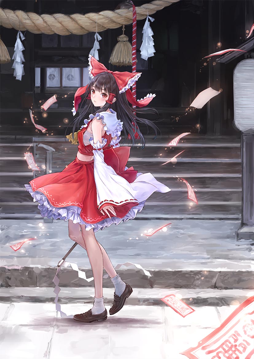1girl ascot bangs black_hair bow commentary_request detached_sleeves frilled_bow frilled_shirt_collar frilled_skirt frills full_body gohei hair_bow hair_tubes hakurei_reimu hakurei_shrine japanese_clothes kishida_mel loafers long_hair looking_at_viewer looking_to_the_side midriff miko nontraditional_miko ofuda red_bow red_eyes red_shirt red_skirt ribbon-trimmed_sleeves ribbon_trim sarashi shirt shoes shrine sidelocks skirt sleeveless sleeveless_shirt sleeves_past_wrists socks solo touhou white_legwear wide_sleeves yellow_neckwear