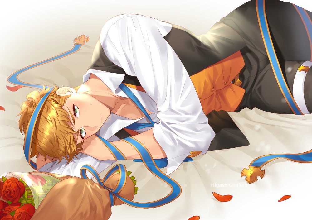 1boy alternate_costume bangs bara bed blonde_hair blush bouquet chest collared_shirt flower granblue_fantasy green_eyes higashigunkan light looking_at_viewer male_focus muscle open_clothes open_shirt petals ribbon shiny shiny_hair shirt solo thighs toned toned_male upper_body vane_(granblue_fantasy) vest white_background white_shirt