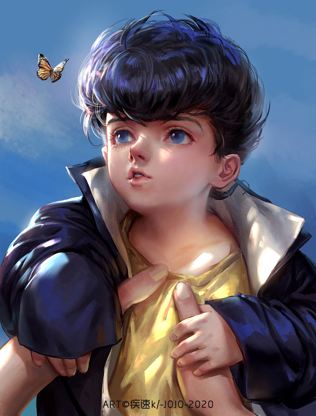 1boy age_regression black_hair blue_eyes blue_hair carrying cdash817 child children's_day coat commentary_request eyelashes gakuran higashikata_jousuke highres holding_hand jojo_no_kimyou_na_bouken long_sleeves looking_at_animal looking_away male_focus out_of_frame oversized_clothes parted_lips pompadour pov pov_hands school_uniform shirt sleeves_past_wrists solo_focus undershirt yellow_butterfly yellow_shirt younger