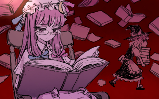 2girls bespectacled black_dress black_footwear black_headwear blonde_hair blue_ribbon book book_stack bow capelet chair commentary_request dress glasses hair_ribbon hat hat_bow holding holding_book kirisame_marisa long_hair meimaru_inuchiyo mob_cap multiple_girls patchouli_knowledge pink_dress purple_hair reading red_background red_ribbon ribbon shirt shoes short_sleeves sitting theft touhou white_shirt witch_hat