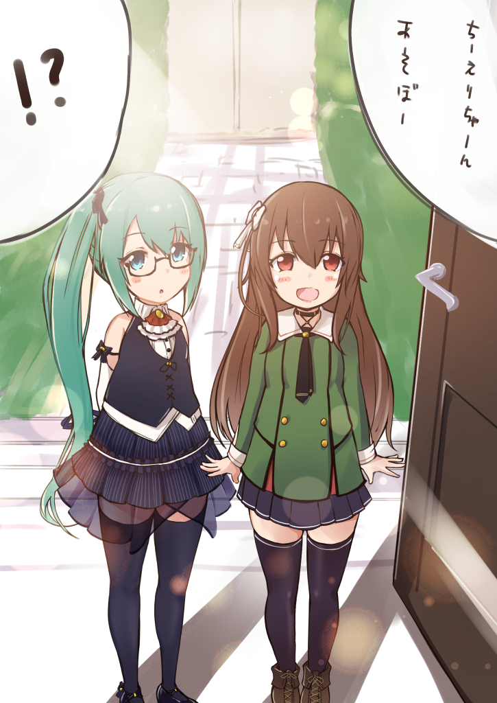 .live arms_behind_back blue_eyes blush brown_hair glasses green_hair kagura_suzu_(.live) long_hair looking_at_viewer open_mouth pov red_eyes side_ponytail thigh-highs translation_request virtual_youtuber yaezawa_natori younger
