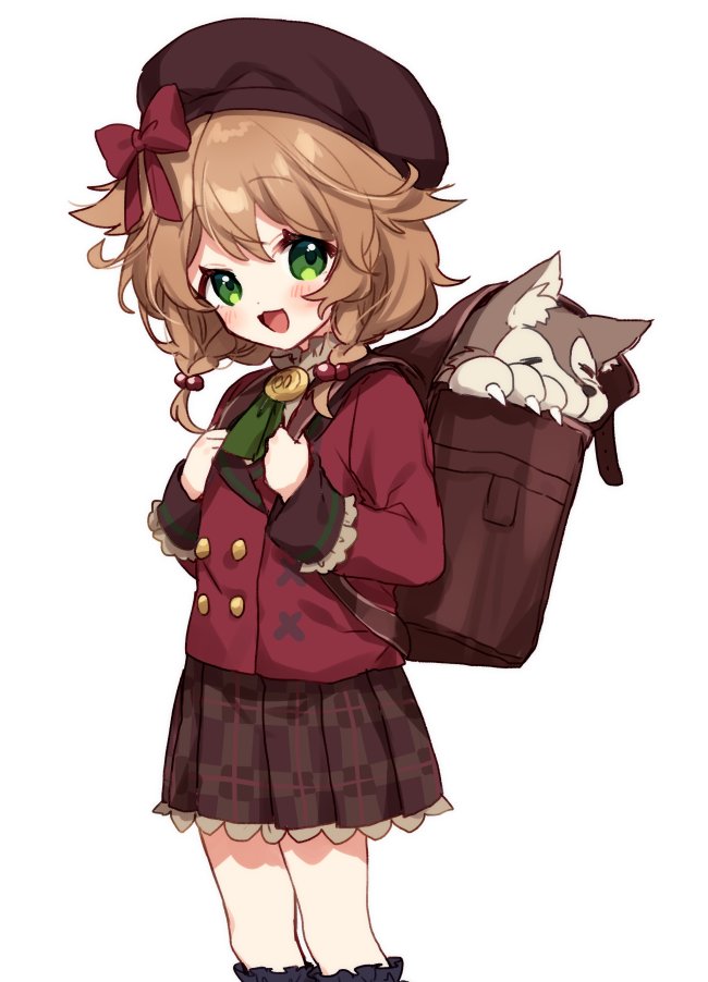 1girl :d animal backpack bag beret blush braid brown_hair brown_headwear brown_skirt commentary_request green_eyes hair_bobbles hair_ornament hair_over_shoulder hands_up hat holding_strap long_hair long_sleeves looking_at_viewer low_twintails nijisanji open_mouth plaid plaid_skirt pleated_skirt red_shirt shirt simple_background skirt smile solo twin_braids twintails virtual_youtuber warabeda_meijii white_background wolf yamabukiiro