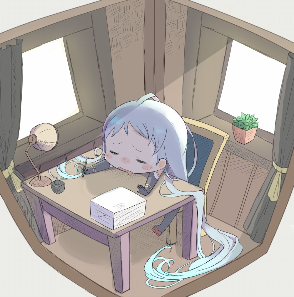 1girl bangs blue_hair blush chair chibi closed_eyes commentary_request desk elbow_gloves gloves holding holding_pen indoors kantai_collection lamp long_hair ofly_(ofly252) open_mouth outstretched_arms paper_stack pen samidare_(kantai_collection) simple_background sitting solo swept_bangs very_long_hair white_background window