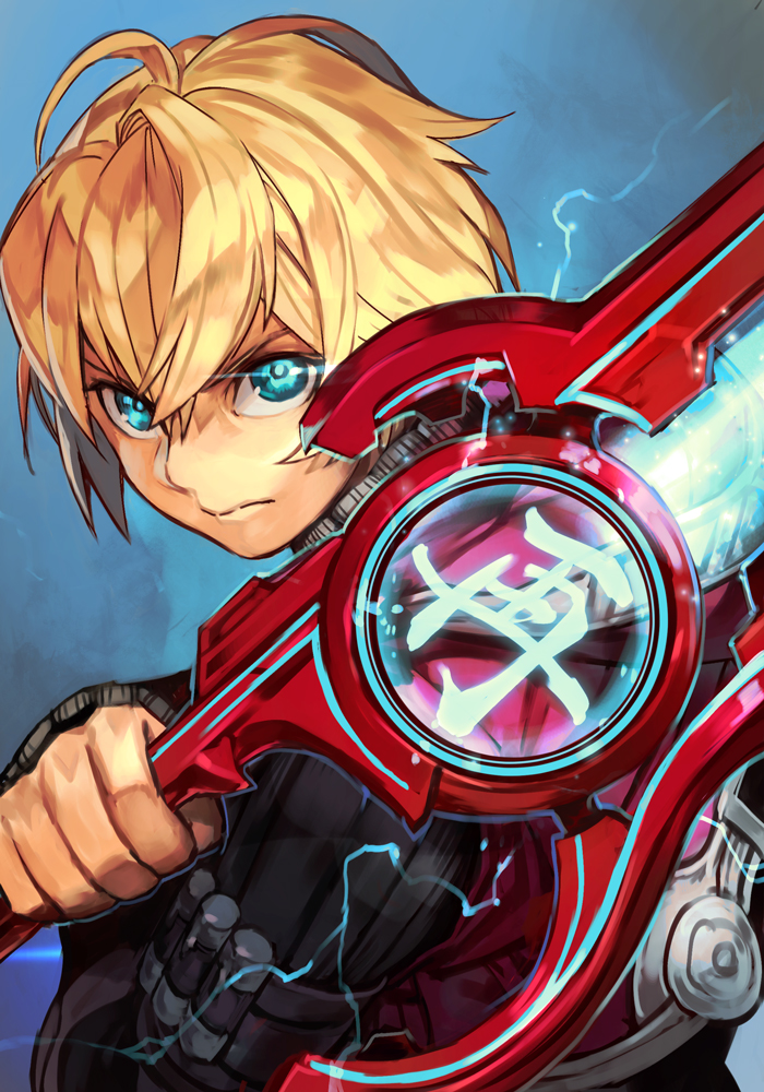 1boy ahoge blonde_hair blue_eyes energy_sword glowing glowing_eyes hankuri holding holding_sword holding_weapon male_focus monado ribbed_sweater shulk sweater sword weapon xenoblade_(series) xenoblade_1