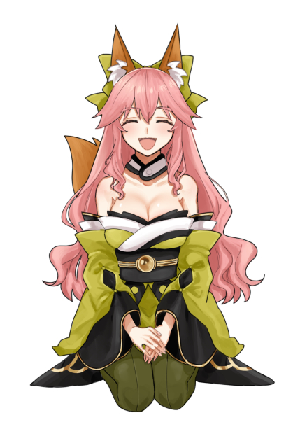 1girl animal_ear_fluff animal_ears bow closed_eyes fate/extra fate/extra_ccc fate_(series) fox_ears fox_girl fox_tail green_bow green_kimono green_legwear hair_bow japanese_clothes kimono long_hair merokonbu0 obi pink_hair sash seiza simple_background sitting solo tail tamamo_(fate)_(all) thigh-highs white_background wide_sleeves