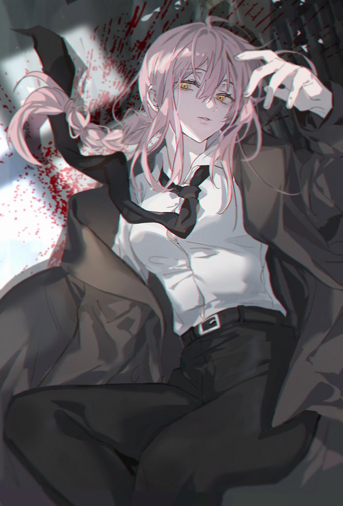 1girl belt black_jacket black_neckwear black_pants blood blood_splatter braid braided_ponytail business_suit chainsaw_man collared_shirt formal jacket kanose looking_to_the_side lying makima_(chainsaw_man) medium_hair necktie neckwear on_back open_clothes open_jacket open_mouth pants pink_hair shirt shirt_tucked_in short_hair solo suit white_shirt yellow_eyes