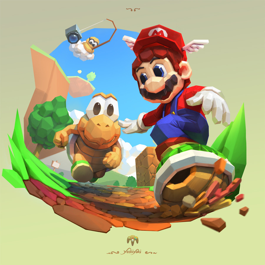 1boy blue_eyes blue_overalls blue_sky brown_hair camera cassio_yoshiyaki clouds commentary day english_commentary facial_hair fishing_rod floating_island gloves green_shell hat holding holding_fishing_rod koopa_troopa lakitu mario super_mario_bros. mountainous_horizon mustache open_mouth outdoors overalls polygonal racing red_headwear red_shirt road running shirt sign signature sky smile super_mario_64 tree turtle_shell white_gloves winged_hat